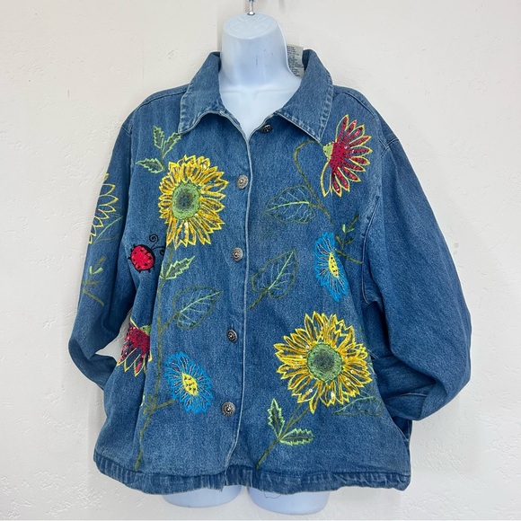 Vintage 90s Embroidered Sunflower Ladybug Denim Jacket Size L Blue Cottagecore - Picture 4 of 13